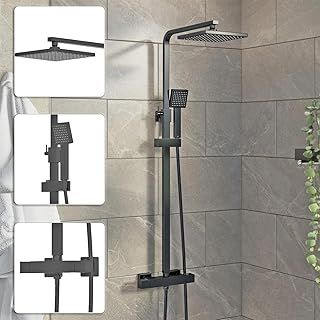 Architeckt® Thermostatic Shower Mixer Set with Rainfall Head Adjustable Riser Rail Handset and Hose Showers Thermostat Square, Matt Black