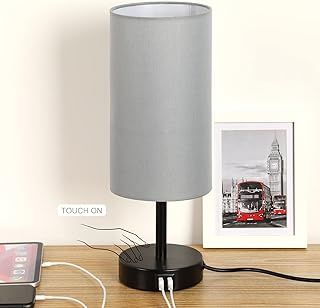 Yarra-Decor Bedside Lamp with USB Port - Touch Control Table Lamp for Bedroom Wood 3 Way Dimmable Nightstand Lamp with Round Grey Fabric Shade for Living Room, Kids Room, College Dorm, Office