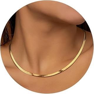 Finrezio 14K Gold Necklace Gold Plated Snake Chain Necklace for Women Gold Necklace Chain Herringbone Stainless Steel Necklace for Womens Layered Adjustable Necklace Jewellery 3/5MM(W) 14"/15"/16"(L)