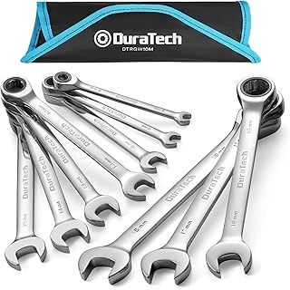 10-Piece Ratchet Combination Spanner Set, Fixed Head Open End Combination Wrench Set with Roll Pouch, Metric, 6-18mm, 12 Point, Cr-V Steel