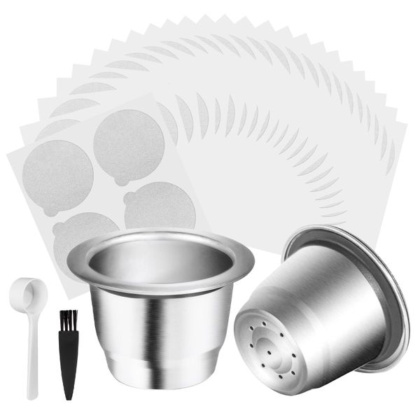 Reusable Espresso Capsules Refillable Coffee Pods for Nespresso OriginalLine, 2 Pods, 100 Lids