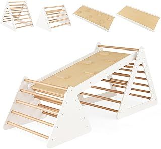 COSTWAY 3 in 1 Wooden Climbing Frame, Kids Indoor Jungle Gym Activity Center with Ramp for Climbing & Sliding, Promote Motor Skills, Montessori Toys for Kindergarten Home Use (White)