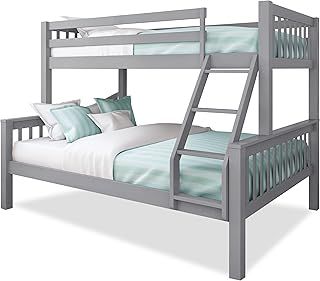 Triple Bunk Bed, 4ft6 Double & 3ft Single Wooden Bunk Beds with Ladder Triple Sleeper Kids Bunk Bed, Solid Pine Wood Frame Children Single Double Bed Frame, Grey L199cm x W143cm x H144