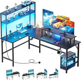L Shaped Gaming Desk with LED Light & Power Outlet- 170 CM Reversible Computer Desk with Shelves and Monitor Stand, Ergonomic Carbon Fiber Corner Desk with Cup Holder & 2 Heaphone Hooks