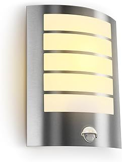 Kerry PIR Outdoor Wall Light, Outside Front Door Lighting Mains Powered Waterproof IP44 Exterior Lamp, Curved Stainless Steel Security Light with Motion Sensor, E27 Sconce for Porch, Patio, Garden