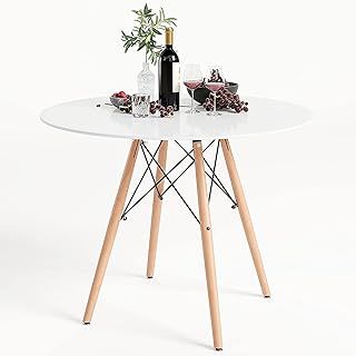 GOLDFAN Dining Table Modern Round Kitchen Table with Natural Beech Wood Legs and Matt Spray Paint, White, 80cm(Table Only)