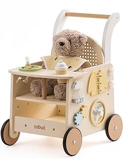 ROBUD Wooden Baby Walker for Toddlers, Baby Doll Stroller Walker with Activity Center Walkers for 1 2 3 Year Old, Baby Push Along Walker with Safety Brake, Gifts Toys for Boys Girls 10+ Months