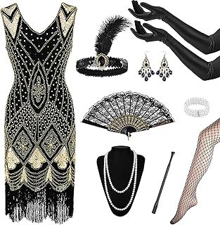 12Pcs 1920s Flapper Great Gatsby Accessories Set,Roaring 20's Theme Set with Sequin Fringed Dress Headband Gloves Necklace Handheld Prop,1920s Flapper Costume Vintage Accessories for Women Ladies