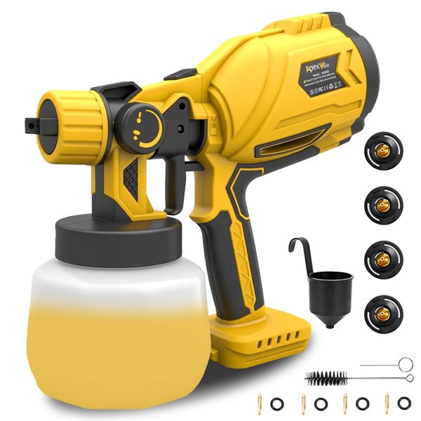 Apexwin Cordless Paint Sprayer HVLP Fit For DeWalt 18-21V Battery,Paint Spray Gun With 4 Copper Nozzles &1200ml Detachable Tank,Fence Handheld Paint Sprayer for Home,Garden Walls,Cabins（NO Battery)