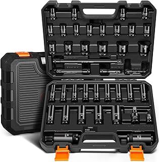 VonHaus 1/2 Impact Socket Set - 40pcs Deep Impact Sockets 1/2 Inch Drive with Extension Bar, Drill Adapter, Universal Joint and 1/2 to 3/8 Adapter - Heavy Duty for DIY, Car Repair