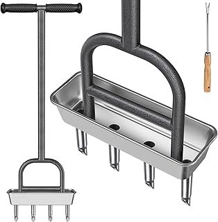 BeneLabel Lawn Aerator, Grass Hollow Tine Aerating Tool Long Handle Manual Garden Plugger 4 Core Heavy Duty Coring Aeration Spike Soft Grip with Core Storage Tray&Cleaning Set for Compacted Soil Care
