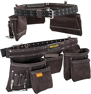 Eshazu Professional Leather Tool Belt - Carpenter's Belt with 12 Pockets, Hammer Loop - Suitable for Electricians - Waist up to 52”