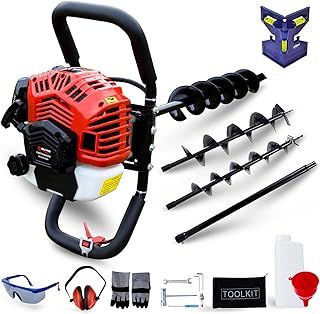 52CC 2Stroke Petrol Earth Auger Fence Post Ground Hole Borrer Digger 3HP V-Type | 3 Drill Bits Diameter (100,150,200mm), Safety Gear, Post Level & Extension