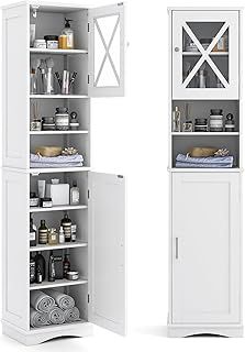 COSTWAY Bathroom Tall Cabinet, Freestanding Storage Cupboard with 5 Adjustable Shelves and 2 Doors, Wooden Tall Narrow Slim Bathroom Unit Floor Cabinet for Living Room Hallway, 40x30x170cm (Black)
