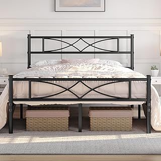 Yaheetech 5ft King Bed Frames Metal Slatted Bed Platform with Curved Design Headboard and Footboard, Under-bed Storage, No Box Spring Needed, 12 Built-in Steel Slats, Black