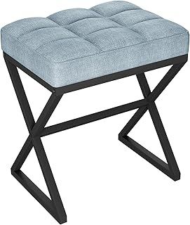 YMYNY Vanity Stool, Linen Footrest Stool, Square Ottoman Bench with X-Shaped Metal Legs, Makeup Dressing Stool for Vanity, Living Room, Bedroom, Entryway, Hallways 40×30×46CM Blue Gray HBD033L