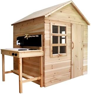 Evermeadow House Wooden Playhouse with Floor + Mud Kitchen with Working Tap - Fun Outdoor Play House Bundle for Kids