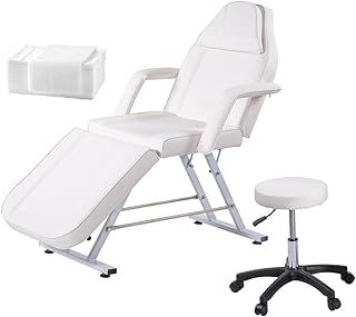 Beauty Bed & Sheeting, 3 Section Adjustable Massage Table With Stool And Headrest, Salon & Lash Bed For Spa (White)