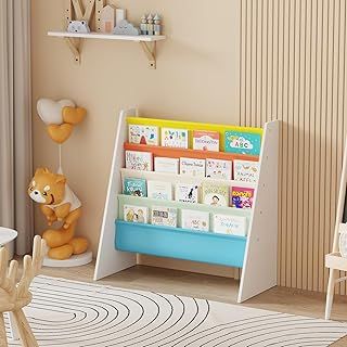 4-Tier Children Sling Book Rack Bookshelf Wooden, Easy-to-Reach Storage for Books, Kids Book Rack Storage Bookshelf with Deep Sleeves, Ideal for Playrooms & Homeschooling (Yellow)