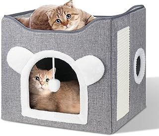 Cat Beds, Large Cat Cave for Pet House with Fluffy Ball Hanging and Scratch Pad, Houses & Condos, Cubes, Hideaway, Covered Bed for Multi Small Pet Large Kitty