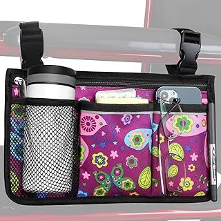 Wheelchair Side Bag, Upgrade Flower Color Armrest Storage Pouch with Cup Holder and Reflective Strip Use of Waterproof Fabric, for Most Wheelchairs, Walkers or Rollators (Purple Butterfly)