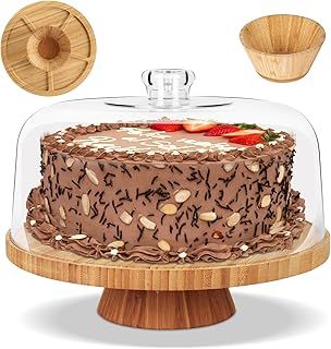 Myiosus Cake Stand with Lid, Wooden Cake Stand with Dome Lid, Multi Purpose Cake Stands with Cover for Birthday Wedding Party Picnic (Clear, 28cm)