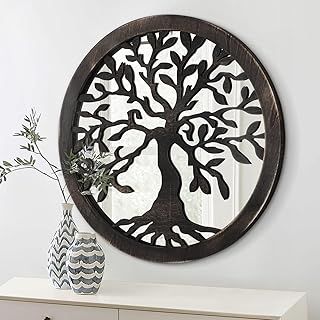 Wooden Round Wall Mirrors Rustic Black Tree of Life Mirror Farmhouse Hanging Mirrors for Wall Decor Decorative Mirror for Garden Living Room Bedroom Bathroom Entryway