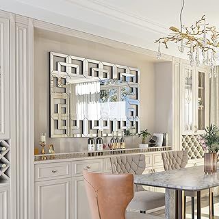 Decorative Mirror for Wall: 100x70 cm Rectangular Large Silver Vanity with Beveled Glass Grecian Venetian Frame Edge Home Art Modern Accent Decor Bathroom Bedroom Living Room