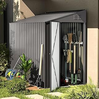 U-MAX Outdoor Lean to Storage, 4x7 FT Metal Shed, Garden Storage Shed with Waterproof, Garbage Can, Tools, Lawn Mower, Bike Shed for Backyard Patio, Galvanized Steel with Lockable Door, Charcoal Grey