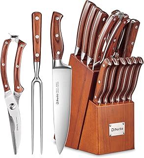 Knife Set, 16 Piece Knife Block Set with High Carbon German Steel, Kitchen Knife Set Sharpening for Chef Knife, Meat Scissors, Carving Fork, Ergonomic Wooden Handle