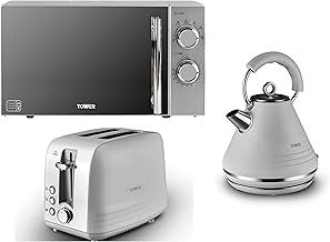 Tower Ash Grey 1.7L 3KW Pyramid Kettle, 2 Slice Toaster & Infinity Silver 800W 20L Microwave. Contemporary Design Matching Kettle, Toaster & Microwave Set
