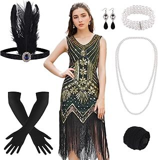 FEPITO 1920s Flapper Dresses for Women, Fringed Sequin Great Gatsby Dress for Women with 20s Accessories, Roaring 20s Costumes