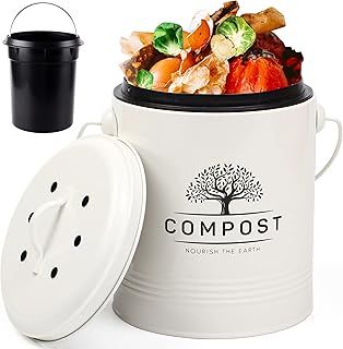 Perfnique Kitchen Compost Bin, 5 Liter/1.3 Gallon Countertop Compost Bin with Lid, Indoor Compost Bucket Includes Inner Bucket Liner and Carbon Filter, Small Compost Bin