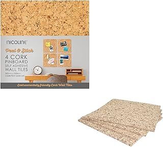 Nicoline PB-SA/W Self Adhesive Cork Pin Board Tiles - Noticeboard Messages - 4 Pack, Light Brown, 30 x 30 centimetres