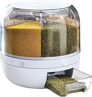 Taylor & Brown 6 Grid Rotating Food Dispenser - 360° Round Bucket Sealed Grain Container - Transparent Rice Kitchen Storage Containers - White Dry Food Fruit Storage Box for Home Kitchen Organiser