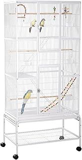 PawHut Large Bird Cage Budgie Cage 3 Tier Aviary with Stand Wheels, Toys, Ladders, Shelf for Canaries, Finches, Cockatiels, Parakeets - White
