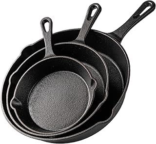 nuovva Pre-Seasoned Cast Iron Skillet Frying Pans Oven Safe Cookware for Indoor & Outdoor Use - Grill, StoveTop, Black (3-Piece Chef Set 6-Inch 15cm, 8-Inch 20cm, 10-Inch 25cm)