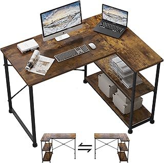 110 * 80cm L Shaped Computer Desk with Reversible Large Storage Shelves, Corner Desk Computer Workstation Matching Under Desk Height Adjustable Storage, Home Office Work Table Brown
