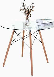 Retro Luxury Glass Round Dining Table Eiffel Design Metal Frame 4 Beech Leg with Glass Table Top 90 Dia Surface For Kitchen Dining Room Family Workstation