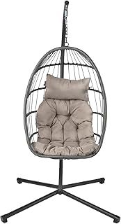 OHS Rattan Swing Egg Chair Grey, Outdoor Hanging Chair for Garden Indoor Patio Furniture Relaxing Comfy Swing Chair with Soft Grey Cushion Included
