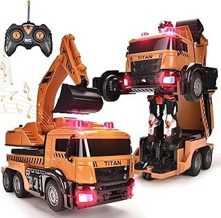 Transform Robot Car Excavator Toys Truck, Transform RC Robot Construction Engineering Vehicle with One-Button Deformation, Music and Light, Excavator Car for Boys Girls