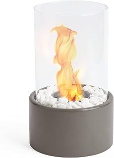 VonHaus Tabletop Fireplace – Bioethanol Fireplace – Bio Ethanol Table Top Fire, Table Top Heater for Outdoor & Indoor – Portable, 70 Min Burn Time, Windproof Glass, Round Shape – Hammer Stone Grey