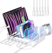SooPii USB Charging Station Organizer for Multiple Devices, 6 Ports 50W Charging Dock With 6 Cables and Upgraded i-Watch Charger Holder Included, for Phones,Tablets and Other Electronics,White