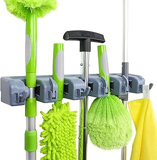 Amazon Basics Rectangular Wall Mount Broom Holder and Garden Tool Organizer, 6 Hook and 5 slot, 43 x 8.5 x 6.2 cm, Gray