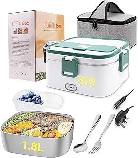 Homtibrm Electric Lunch Box 80W 3 in 1 Heated Lunch Box with 1.8L 304 SS Container/Insulated Bag/Large Cutlery Set,12V 24V 220V Food Warmer for Car Truck Office School and Home Use White (White, 80W)