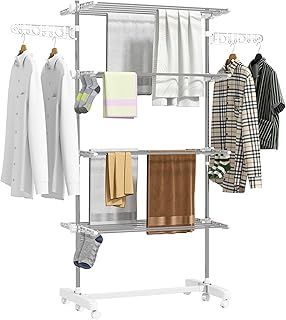 HOMCOM 4-Tier Clothes Airer, Stainless Steel Foldable Clothes Drying Rack with Wheels and Wings, Indoor and Outdoor, Easy Assembly, 142 x 55 x 172cm, White