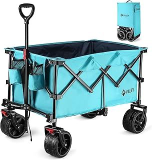 VILLEY Festival Trolley on Wheels, Collapsible Camping Trolley with Big Wheels, Folding Wagon Cart Loadable up to 102KG, All-Terrain Wheels Wagon with Brakes for Outdoor Picnic Garden Beach Shopping
