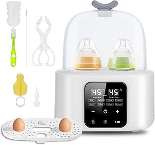 Baby Bottle Warmer, 6-in-1 Steriliser for Baby Bottles with Digital Display & Temp Control, Fast Bottle Warmer for Breastmilk & Formula, Double Bottle Milk Warmer for Heating & Defrost, 48H Keep Warm