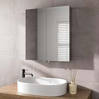 600 x 670mm Bathroom Mirror Cabinet Storage Wall Mounted Cupboard Ready Assembled Unit Double Mirrored Door, Stainless Steel