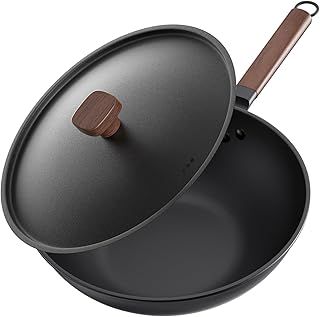 Jobin 33cm/5.6L Non Stick Wok with Lid of Iron Carbon Steel Frying Pan No Chemical Coated and Large Capacity for Cook Asian Dishes for 4-6 People, Ideal for Induction, Gas